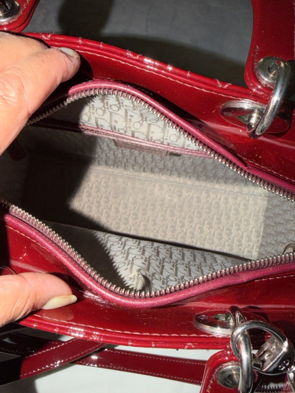 Preloved Christian Dior Burgundy Patent Leather Lady Tote with Dangle Charms - Picture 9 of 11